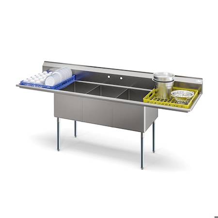 Koolmore 102 in. Three Compartment Sink Bowl Size 18x24x14 Stainless-Steel 18 Gauge with Two Drainboards KM-SC182414-24B3