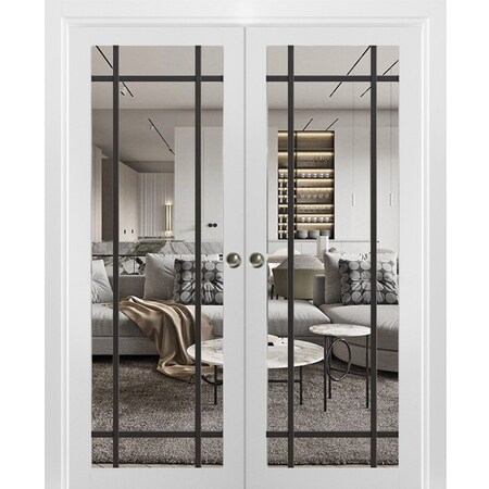 Sartodoors Sliding Double Pocket Door Clear Glass, Lucia 2266 White Silk and Aluminum Strips, Kit Trims Rail LUCIA2266DP-WS-36 x 84 (2* 18x84)