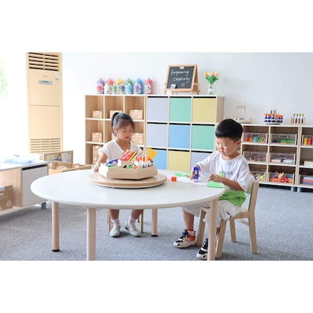 Beleduc By Playwell Emmanuele 48in Round Table, White Top, Oak Legs, PU Edge, Modular Design, Standard Height, 3+ 846125