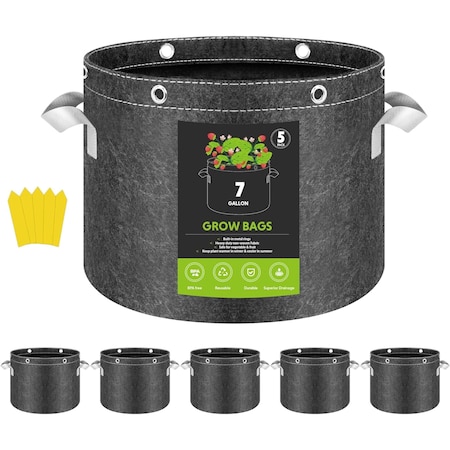 Ipower InfiniPower 7 Gallon Plant Grow Bags, 400G Thick Nonwoven Fabric Pots, 5PK GLGROWBAG7X5GRY