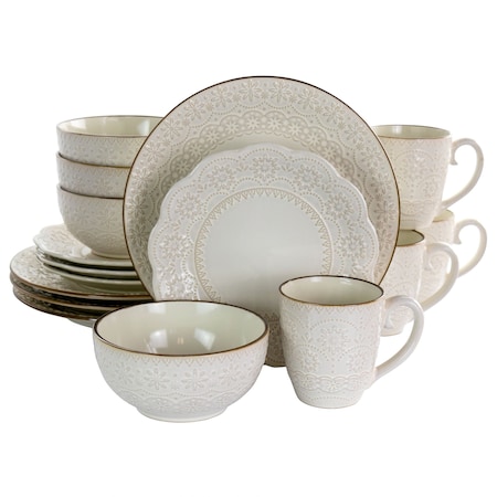 Elama Contessa 16 Piece Embossed Scalloped Stoneware Dinnerware Set in Ivory EL-CONTESSA