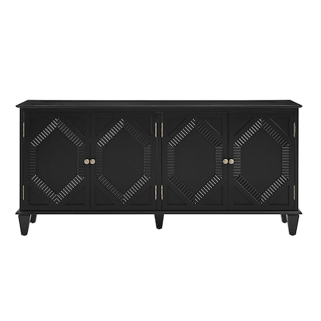 Homeroots 66in Black Wood Carved Geometric Accent Cabinet With Four Doors 691655