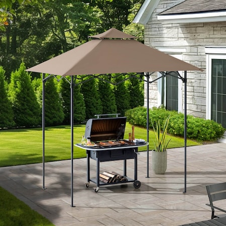 Sunjoy 8ft x 5ft Double Roof Beige Pop up Grill Gazebo with Portable Bag and Remote Control Light A103006110