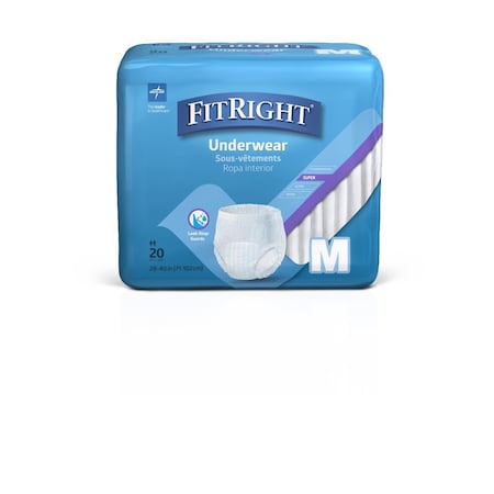 Medline FitRight Super Protective Adult Underwear, Size M, for Waist Size 28in-40in, 20PK MSC33005H