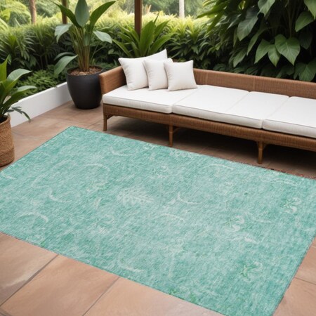Homeroots 5' X 8' Aqua And Ivory Damask Washable Indoor Outdoor Area Rug 603354