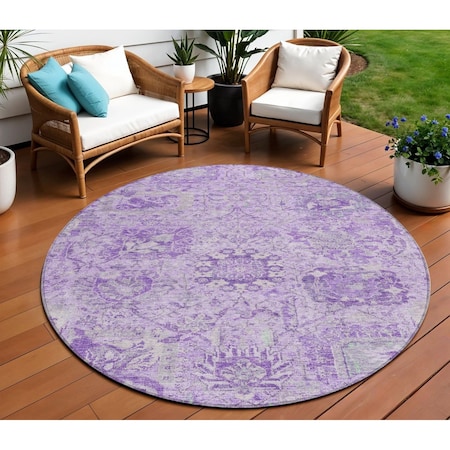 Homeroots 8' Lavender And Gray Round Damask Washable Indoor Outdoor Area Rug 603769