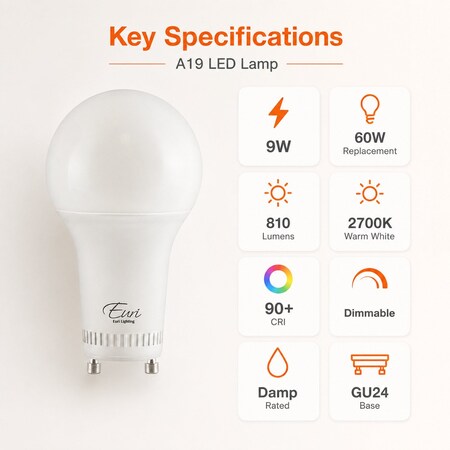 Euri Lighting A19 LED Bulb, 9W, 810 lm, 60W Eq., 2700K, GU24, CEC, JA8, Title 24, UL EA19-9W5020CG