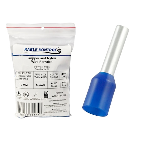 Kable Kontrol Wire Ferrules, Nylon Insulated, Single, 14 AWG, Pin Size 10 mm, Blue, 500 Pcs, 500PK WFS-14-BL-500