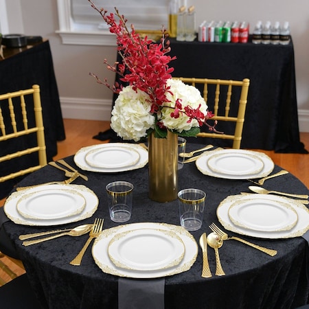 Smarty Had A Party White with Gold Fancy Round Disposable Plastic Dinnerware Value Set, 240PK 8880-WHGVP-CASE