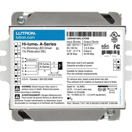 Lutron LED Driver, 24VDC, 120/277VAC, 170-370 mA L3DA4U1UKL-CV240