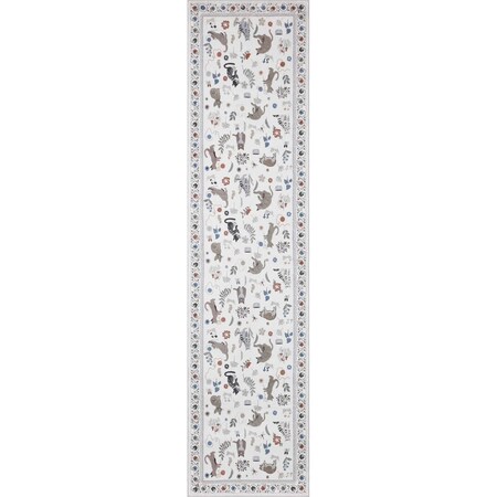 Jonathan Y Catmosphere Festive Feline Floral Border Non-Slip Machine-Washable Ivory 2 ft. x 8 ft. Runner Rug ANM100E-28