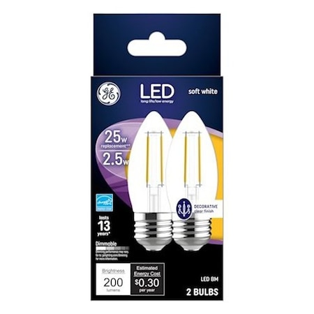 Ge LED Bulb, Decorative, BM Lamp, 25 W Equivalent, Dimmable, Soft White, 2700 K Color Temp, PK2 22589