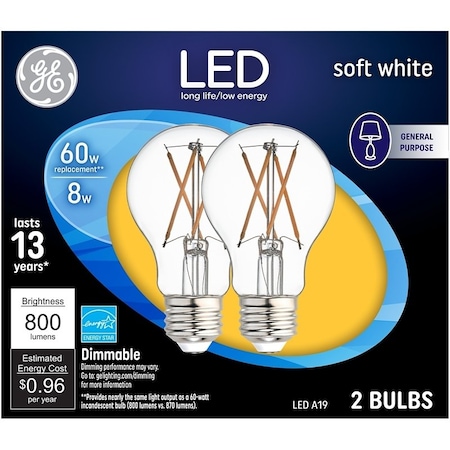 Ge Light Bulb, General-Purpose, A19 Lamp, 60 W Equivalent, Medium Lamp Base, Dimmable, Clear, PK2 93098656