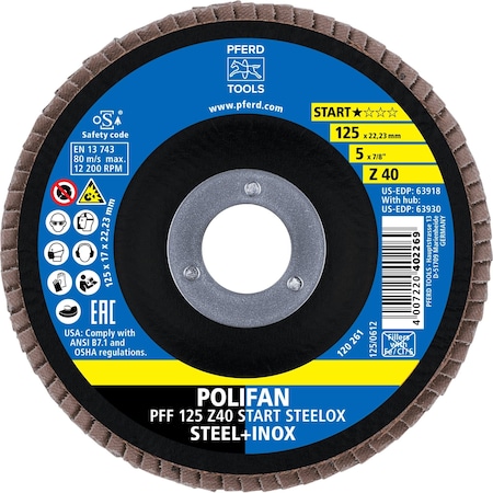 Pferd 5'' Flap Disc, 7/8'' Arbor, 40 Grit, Z START STEELOX, Type 27, Flat, Zirconia 63918