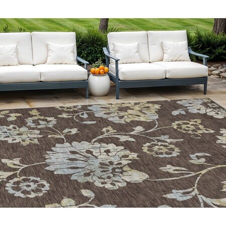 Homeroots 10' X 14' Chocolate Sky Blue And Artichoke Green Floral Washable Indoor Outdoor Area Rug 589463