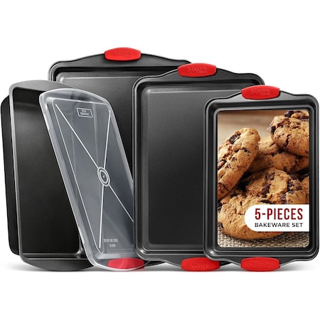 Bakkenmaster 5-Piece Nonstick Cookie Sheet Set, Carbon Steel, Gray Coating, Small to Large Pans, Roaster, Lid BKB6SPS5