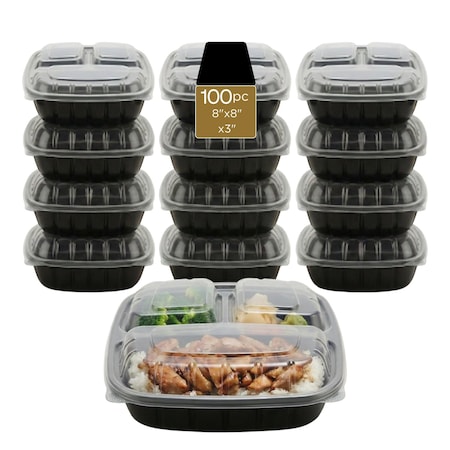 Eco Harmony Products Food Storage Container, Hinged, Vented Lid, Plastic, 3 compartments, 8" x 8", 100PK 804615