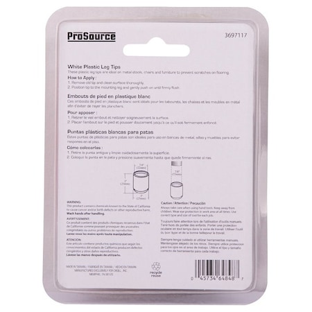 Prosource Furniture Leg Tip, Round, Plastic, White, 7/8 in Dia, 1 in H FE-50614-PS