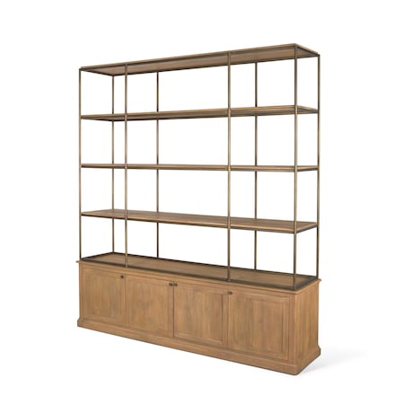 Homeroots 82" Antiqued Brass And Light Brown Distressed Metal and Solid Wood Three Tier Bookcase w/Four Doors 611046
