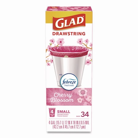 Glad OdorShield Small Drawstring Trash Bags, 4gal, Cherry Blossom Scent, 0.5 mil, 18inx17in, Pink, 34PK 79274