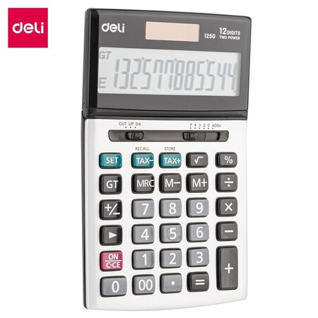 Deli Desktop Calculator, Tax Function, Acrylic Display, Dual Power, Silver, 20PK E1250