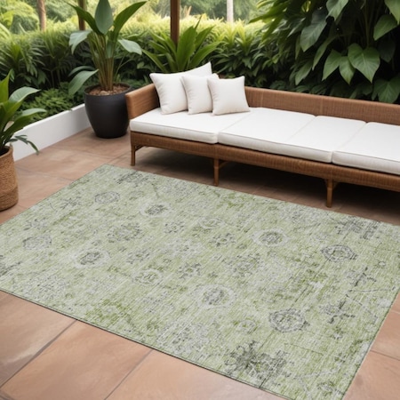Homeroots 10' X 14' Artichoke Green Beige And Gray Damask Washable Indoor Outdoor Area Rug 604179