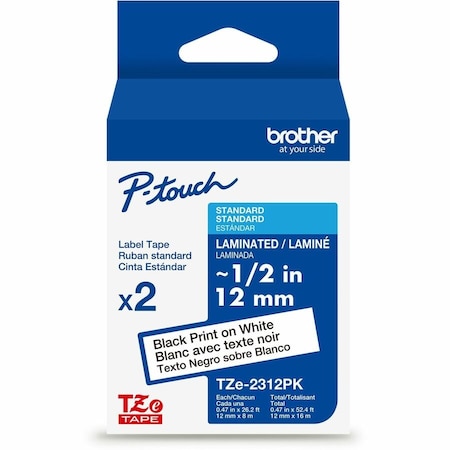 Brother Continuous Label Roll Cartridge, 1/2 in Label W , 26 13/64 ft Roll L, Black on White, Pk2 TZE2312PKG