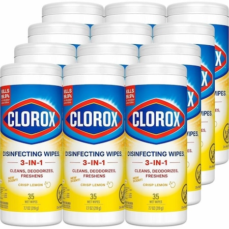 Clorox Disinfecting Wipes, Bleach Free Cleaning Wipes, 1-Ply, 7 x 8, Crisp Lemon, White, 35 Wipes, 12PK 01594CT