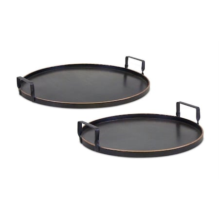 Homeroots Set Of Two Black and Gold Round Metal Serving Tray With Handles 516314