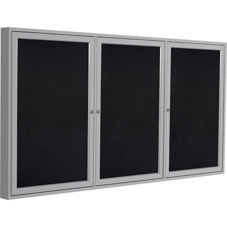 Ghent 3 Door Enclosed Recycled Rubber Bulletin Board, Satin Aluminum Frame, 3'H x 6'W, Black PA33672TR-BK