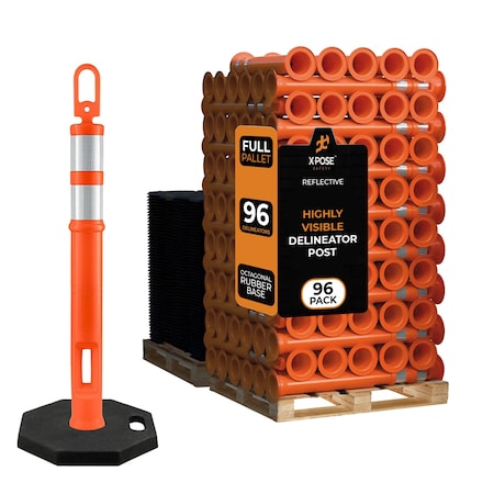 Xpose Safety 42in  Ring Loop Orange Traffic Delineator Post with 13 LB PVC Base, Full Pallet, 96PK DLRB-ORG-42-FP96-X