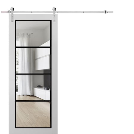 Sartodoors Sturdy Barn Door Clear Tempered Glass, Lucia 2466 White Silk and Aluminum Strips, 6.6FT Silver Rai LUCIA2466BD-S-WS-18 x 84