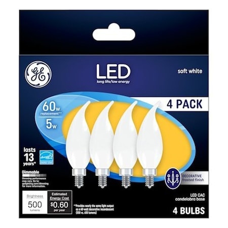 Ge LED Light Bulb, Bent Tip, CA11 Lamp, 60 W Equivalent, E12 Candelabra Lamp Base, Dimmable, PK4 93129350