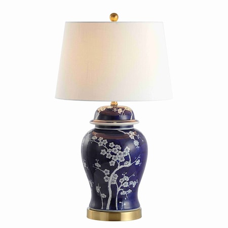 Jonathan Y Gracie 29.5" Traditional Cottage Ceramic/Metal Ginger Jar LED Table Lamp, White/Navy JYL3047A