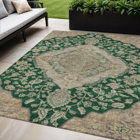 Homeroots 5' X 8' Emerald Beige And Brown Oriental Washable Indoor Outdoor Area Rug 605242