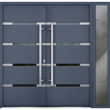Vdomdoors Steel Double Doors Deux 1105 Gray Graphite Sidelight Exterior Window Stainless Inserts Single Moder DEUX1105DEXD-GRE-RH-W72+16 x H80