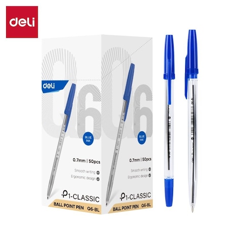 Deli Classic Capped Ballpoint 0.7mm, Blue Ink, Blue Barrel, 50PK EQ6-BL