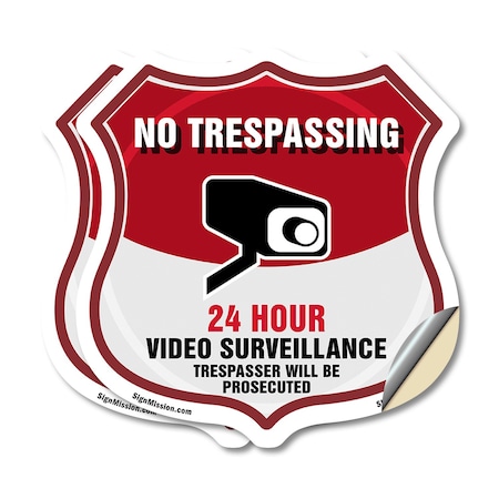 Signmission No Trespassing Shield Sign 24 Hour Video, 6 inch X 6 inch, Vinyl Decal, 2PK SHI-D-2PACK-6-420