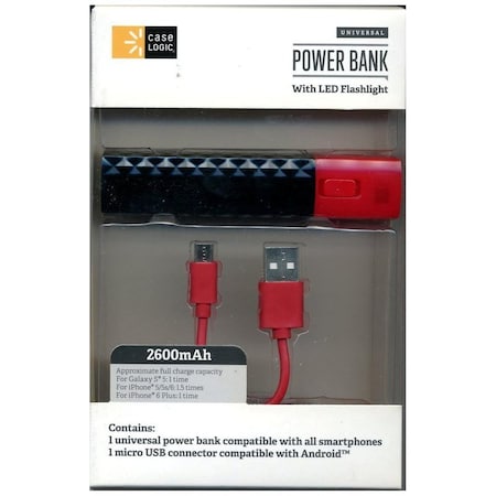Case Logic Universal Power Bank 2600 mAH w/Bilt-in Flashlight and Included Micro USB cable CLPB26102AC