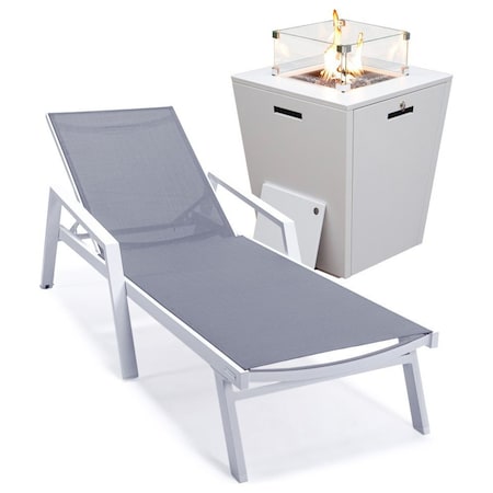 Leisuremod Marlin White Aluminum Patio Chaise Lounge Chair With Arms & Square Fire Pit Table, Dark Grey MLAWCF21-77DGR
