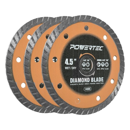 Powertec 4-1/2in Turbo Diamond Saw Blade for Angle Grinder, Diamond Blade for Cutting - 3PK 14005-P3