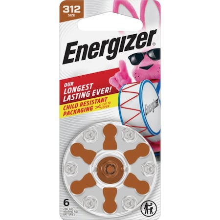 Energizer Size 312 Brown Tab Hearing Aid Batteries, 6PK 312CR-6ENRUS