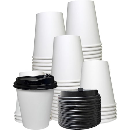 Ecoquality 12oz White Disposable Paper Coffee Cups with Black DomeLids - For Office, and Latte, 1000PK EQ12WPCBDL-1000