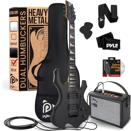 Pyle Heavy Metal EG Fire Electric Guitar Axe w/ Amplifier Kit, Full Size Instrument w/ Practice Amp & PMGTRKT101