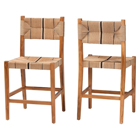 Bali & Pari Prita Bohemian Paper Loom and Natural Mahogany Wood 2-Piece Counter Stool Set 249-2PC-13882-ZORO