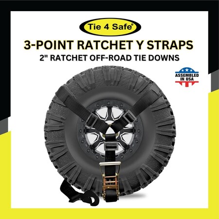 Tie 4 Safe 2'' 3 Point Ratcheting Spare Tire Tie Down Y Strap w/ Black Twisted Snap Hook RT53-04-9-MH01B-BLK-C-1