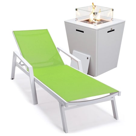 Leisuremod Marlin White Aluminum Patio Chaise Lounge Chair With Arms & Square Fire Pit Table, Green MLAWCF21-77G