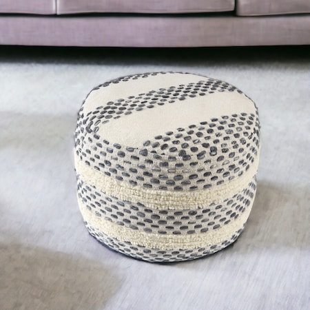 Homeroots 18" Ivory And Blue Cotton Blend Round Striped Pouf Ottoman 551565