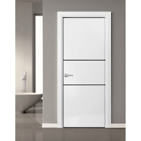 Sartodoors Modern Solid Interior Door with Handle, Planum 0014 White Silk and Aluminum Strips, Single Regural PLANUM0014ID-WS-18