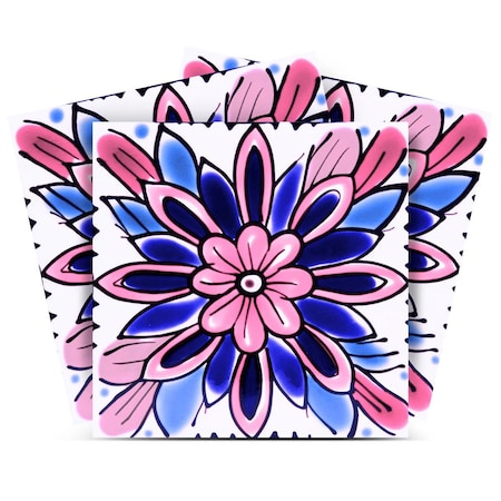 Homeroots 4" x 4" Blue And Pink Vinyl Arabesque Peel And Stick Removable Tiles 569389